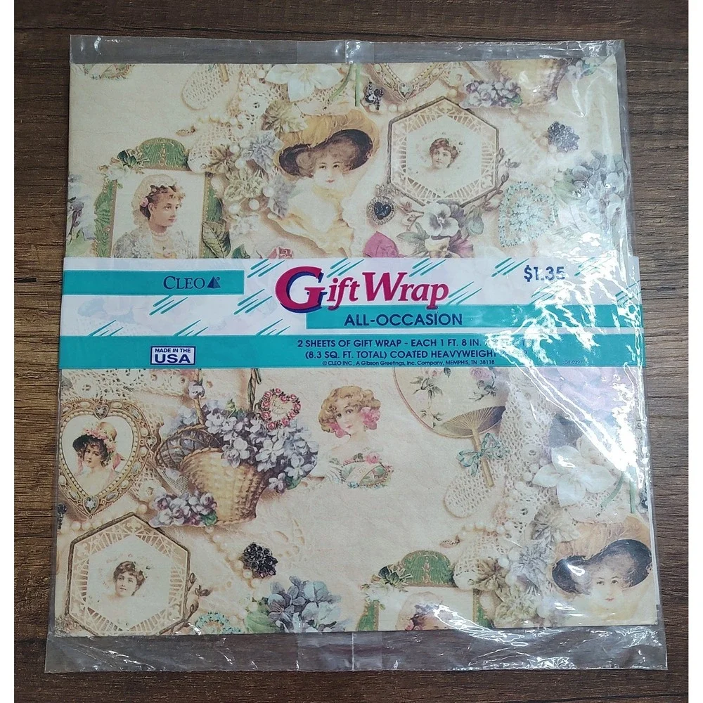 Vintage Cleo Gift Wrap Victorian Theme Wrapping Paper 2 Sheets NOS